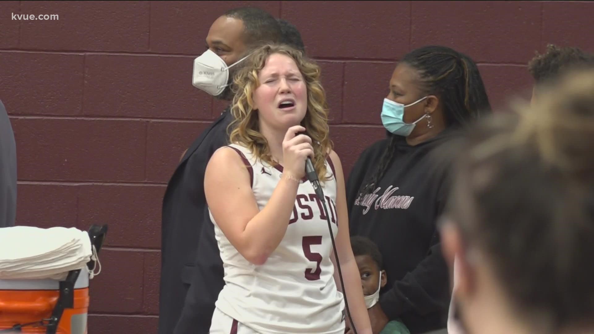 Eleanor Bangle, a senior shooting guard for Austin High, stepped up to the mic and belted out a phenomenal national anthem before the team's 53-37 win.