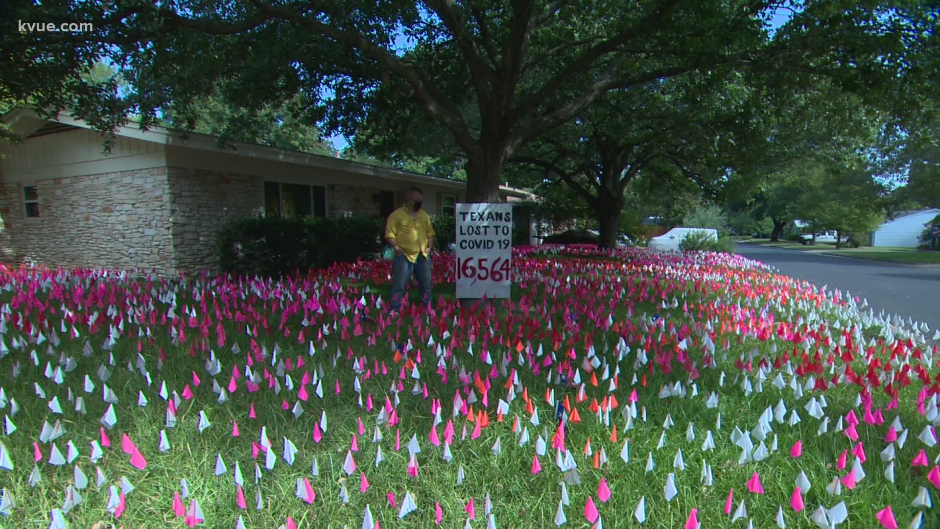Local artist Shane Reilly has been putting flags in his North Austin yard, one for every one of the more than 16,000 Texans who have died from the virus.