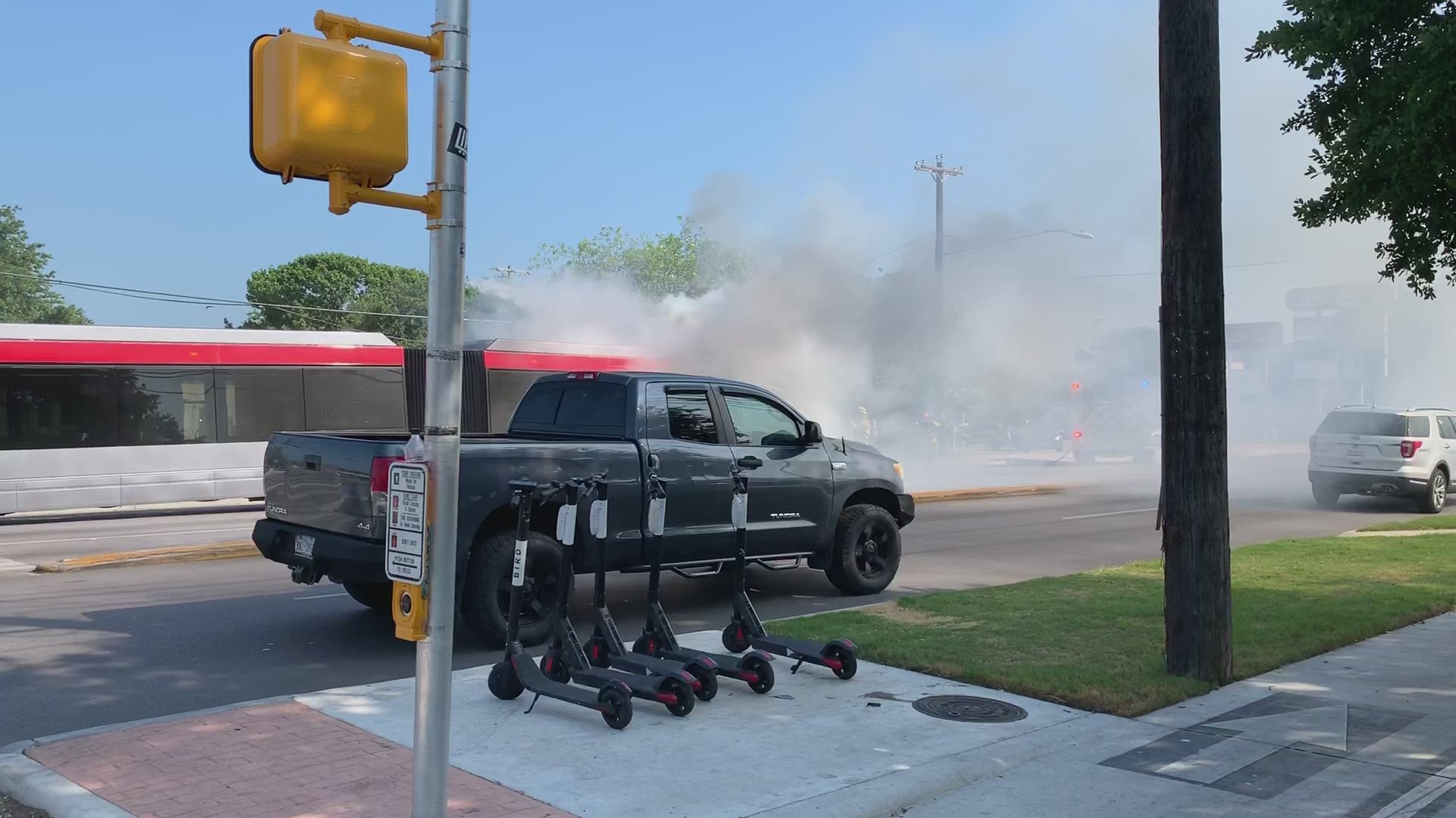 A Capital Metro bus caught fire Tuesday near South Congress Avenue and Oltorf Street, but luckily no injuries were reported and the Austin Fire Department was able to extinguish it without a problem. Video courtesy of Atticus Macias.