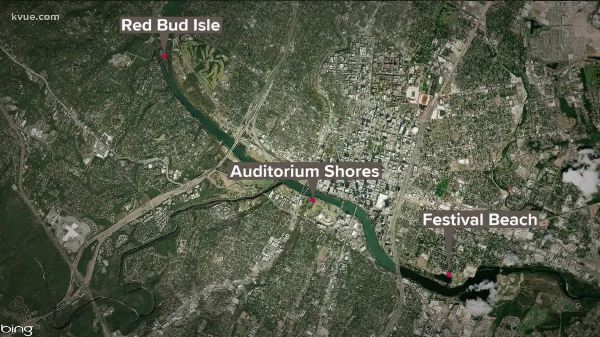 The algae has been found at Auditorium Shores, Festival Beach and Red Bud Isle.