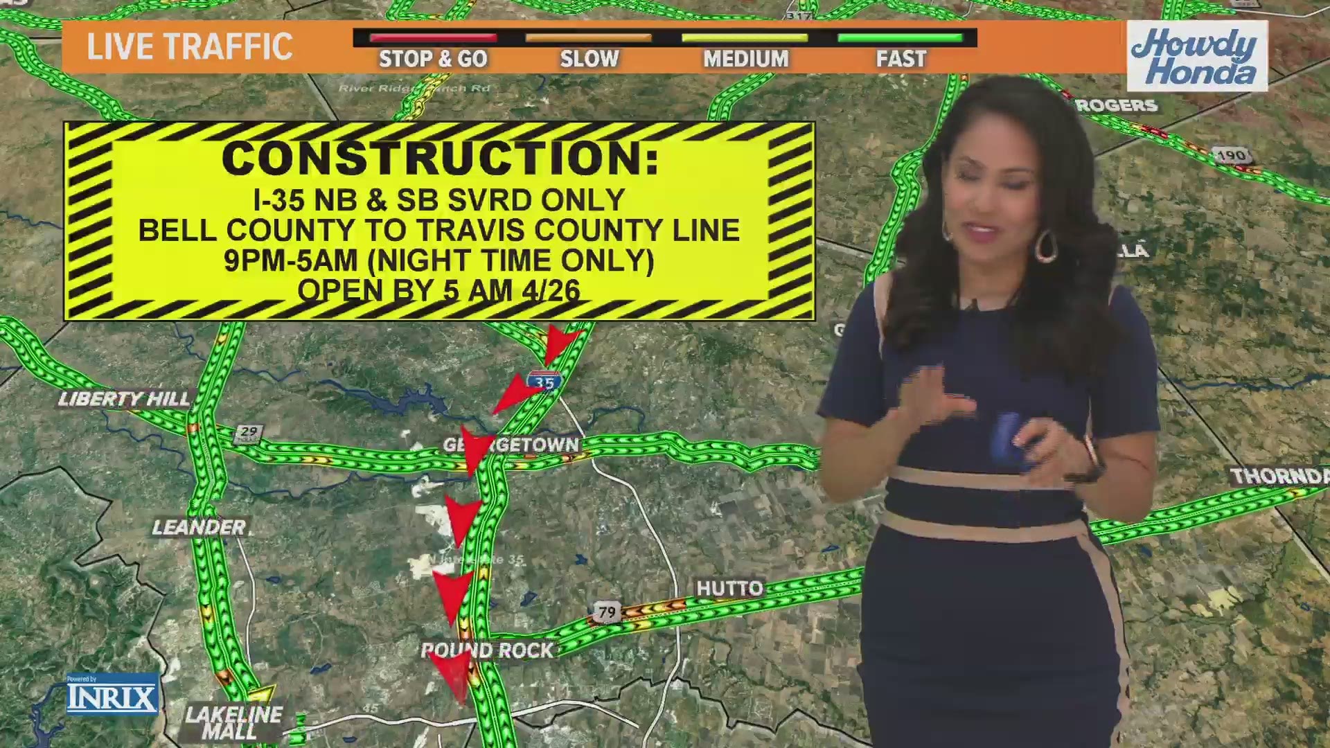 Alternating closures on the service road of I-35 in Williamson County.
