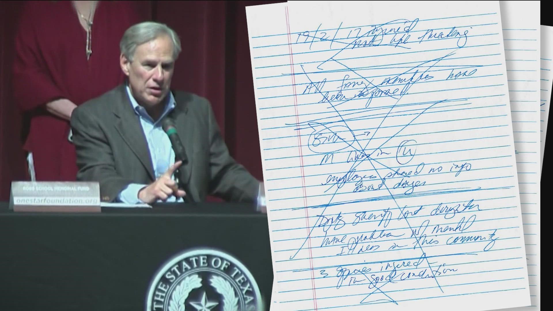 Gov. Greg Abbott's handwritten notes help paint a picture of how information has changed. Here's what we know.
