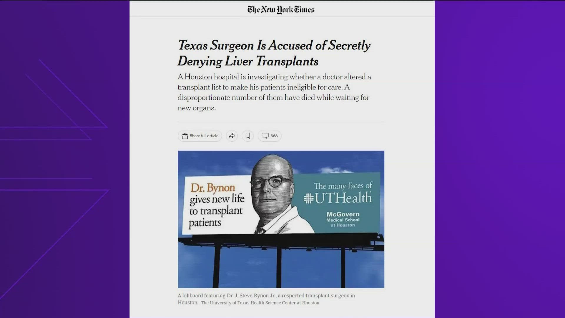 A Houston hospital responded after a New York Times report accused a doctor of manipulating a national transplant database.