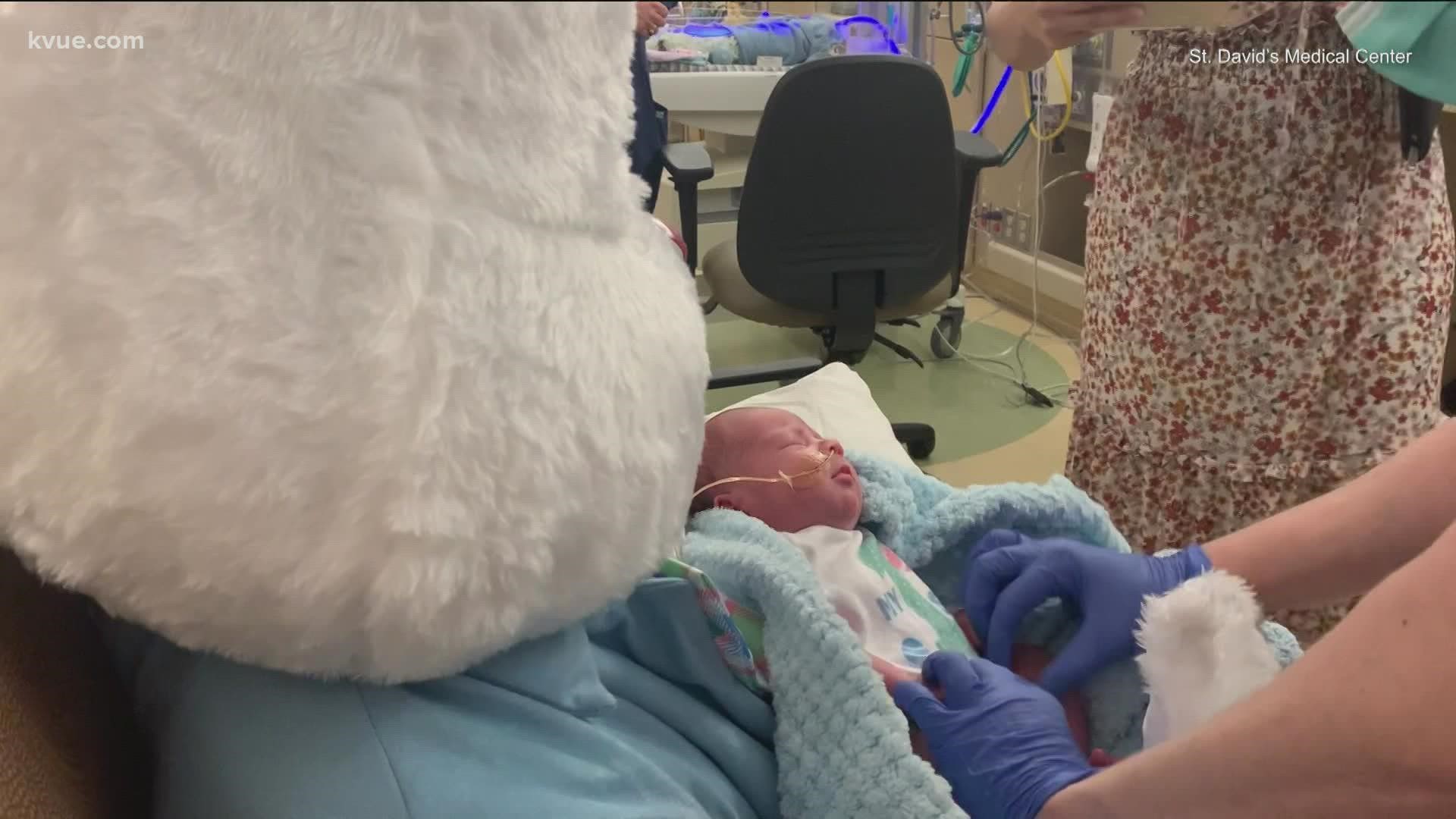 The Easter Bunny made an early trip to St. David's Round Rock Medical Center to visit patients in the NICU.