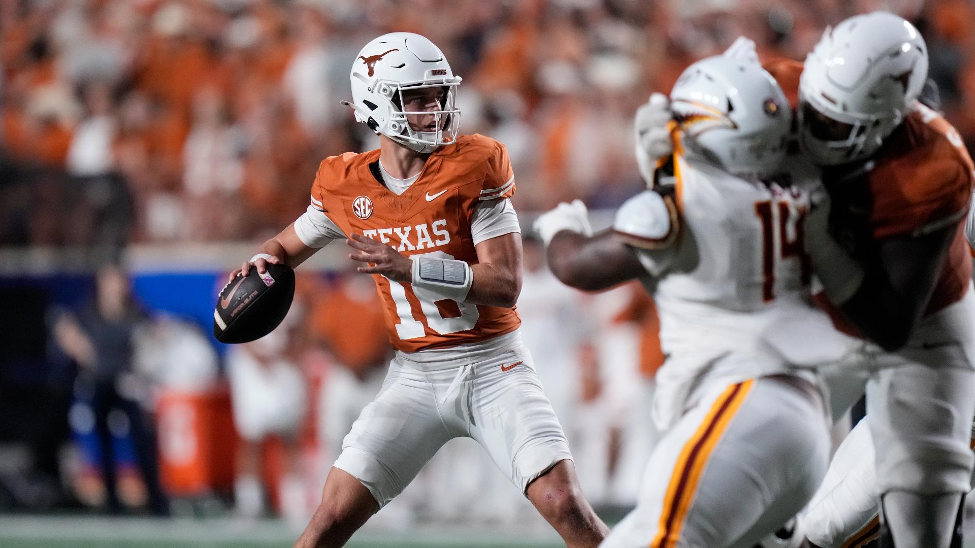 Arch Manning earned his first career win as a starter, going 15-of-29 passing for 259 yards and two touchdowns against the Warhawks.