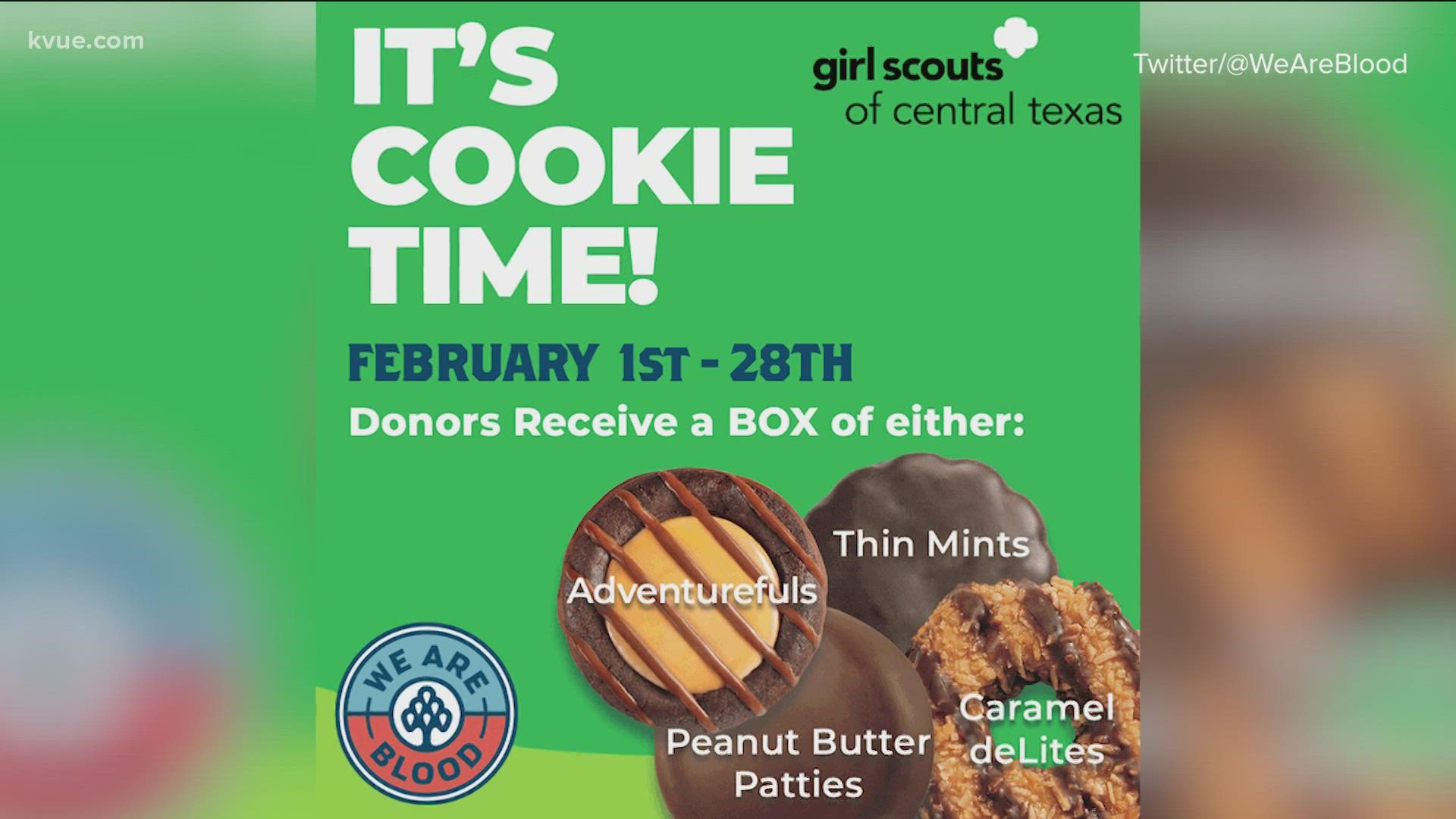 We Are Blood is giving out a free box of Girl Scout cookies to every person who gives blood this month.