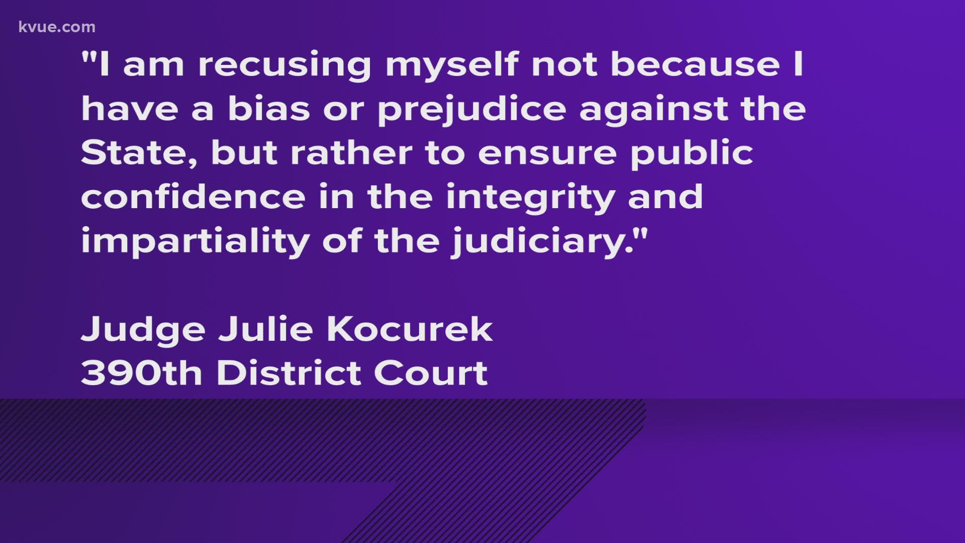 Judge Julie Kocurek filed motions of voluntary recusal in the cases of four Austin Police Department officers.