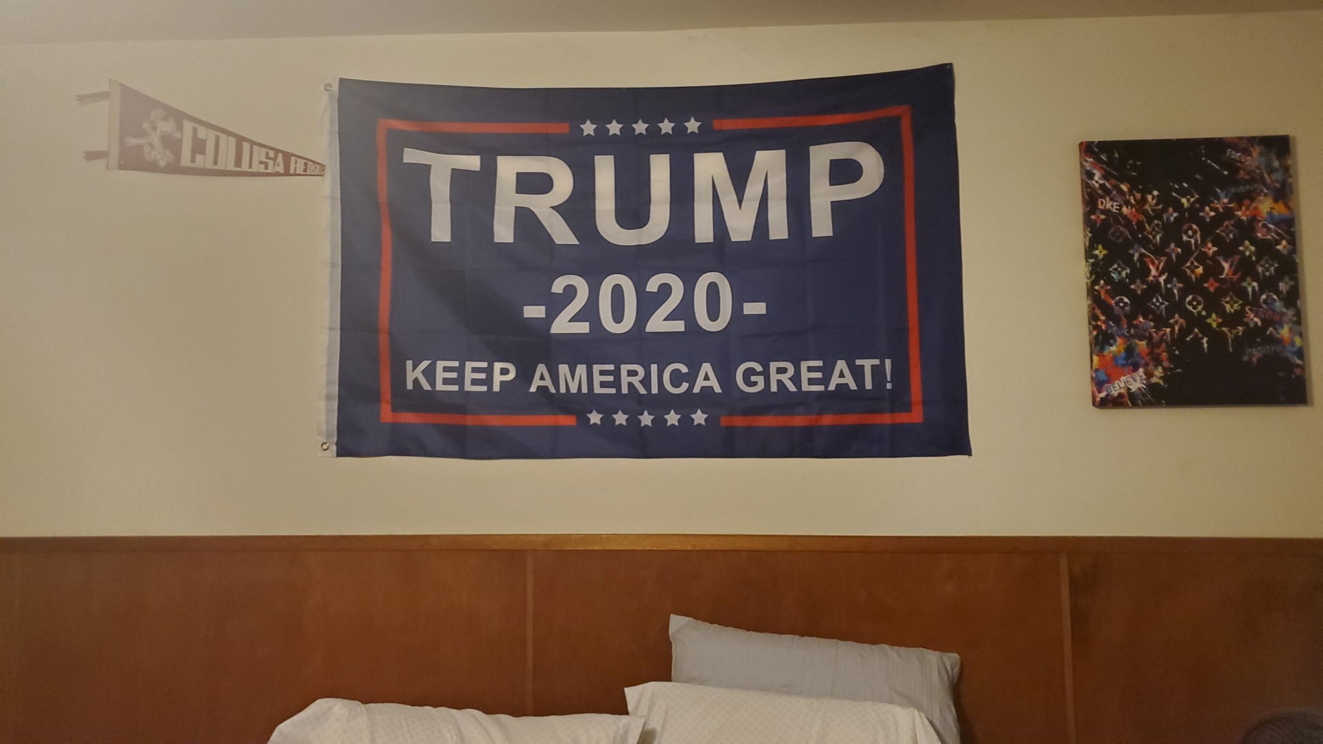 The teen was working from his bedroom where the political flag is pinned to the wall, his mother said. He left before the teacher could kick him out of class.