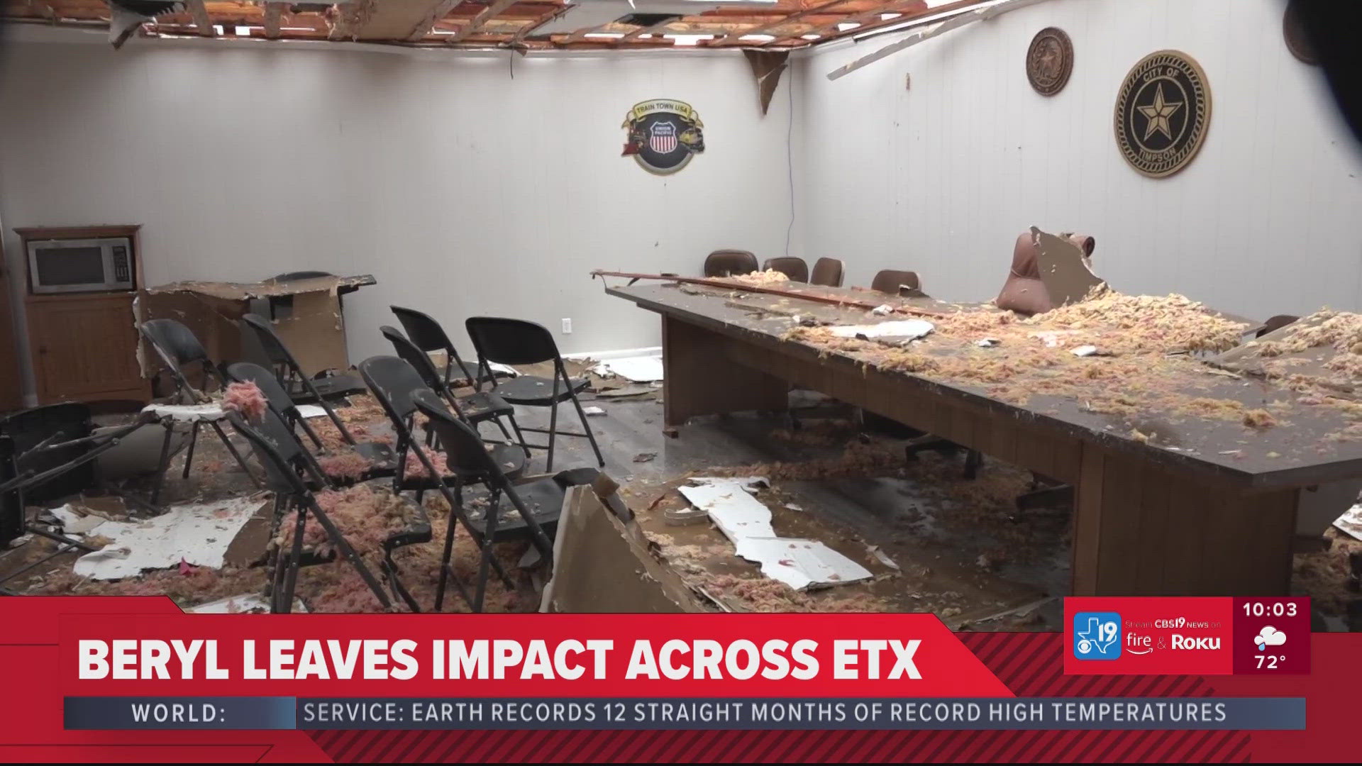 In Shelby County, the city of Timpson is working on cleaning up after a tornado warned storm caused damage near downtown. Wind ripped the roof of its City Hall.