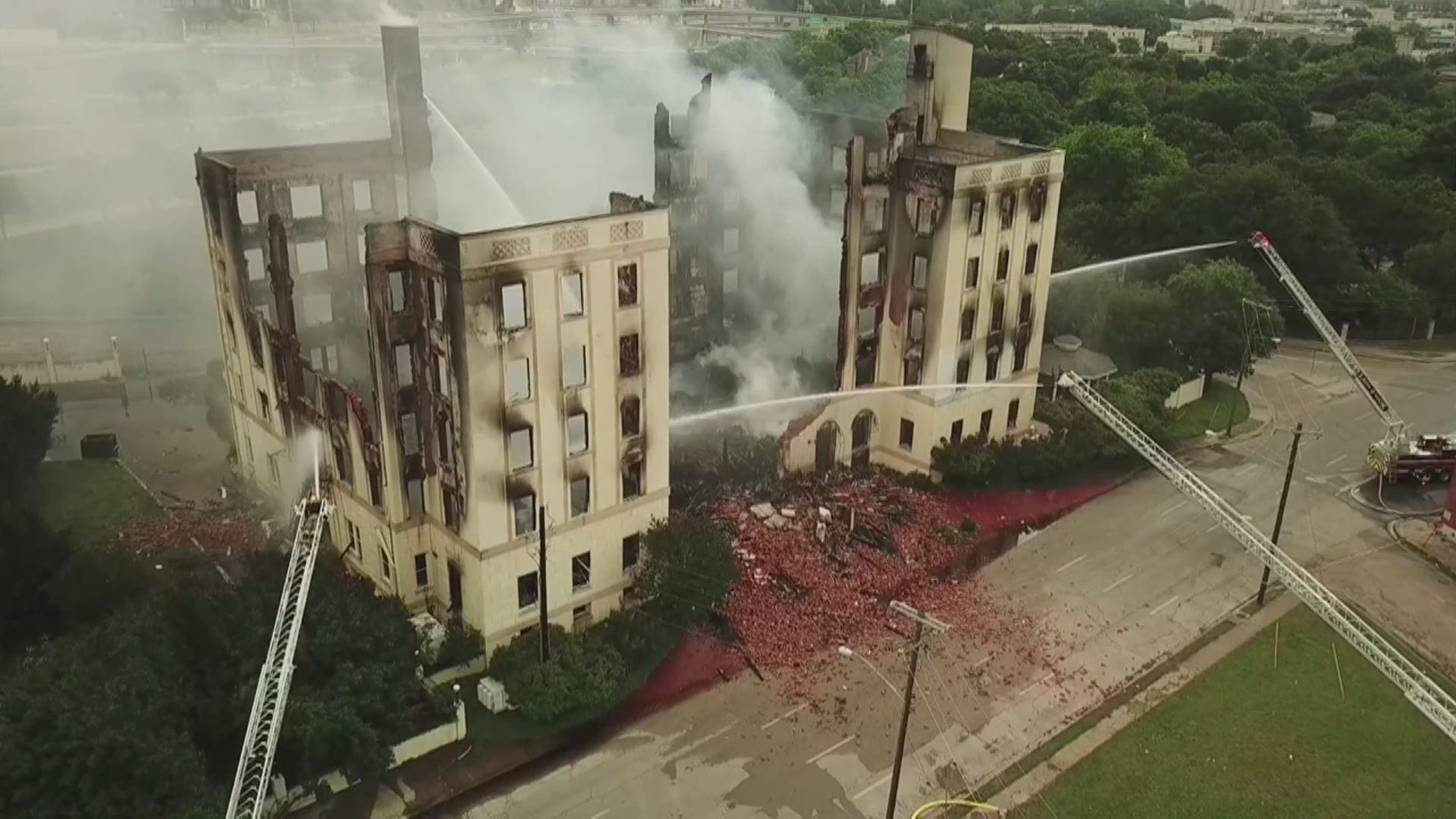 DRONE VIDEO: Fire destroys Ambassador Hotel in downtown Dallas