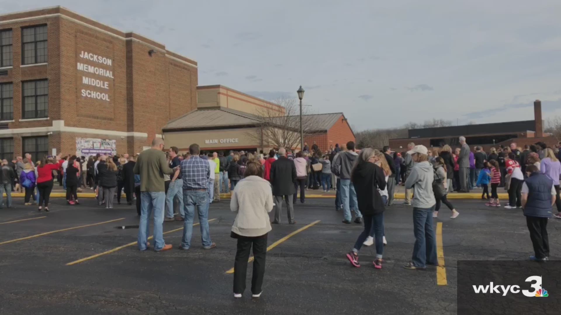 Feb. 20, 2018: This was the scene outside Jackson Memorial Middle School as parents waited to retrieve their children after a student shot himself in the school bathroom.