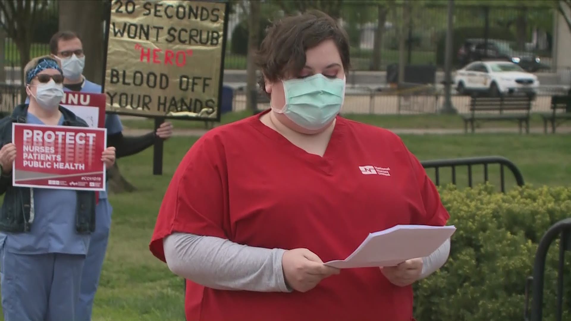 Members of National Nurses United protested outside of the White House on Tuesday morning demanding more PPE and OSHA standards to protect health care workers.