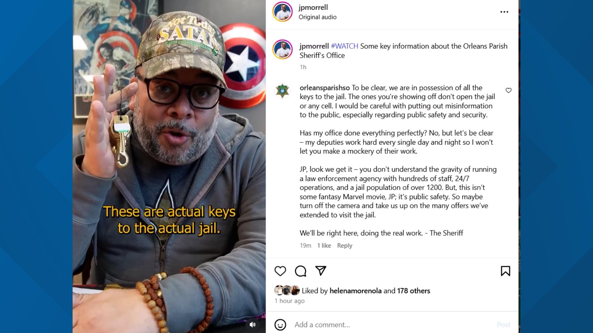 In a viral Instagram video, Morrell says whistleblowers revealed former employees may still possess working jail keys. The sheriff pushed back.