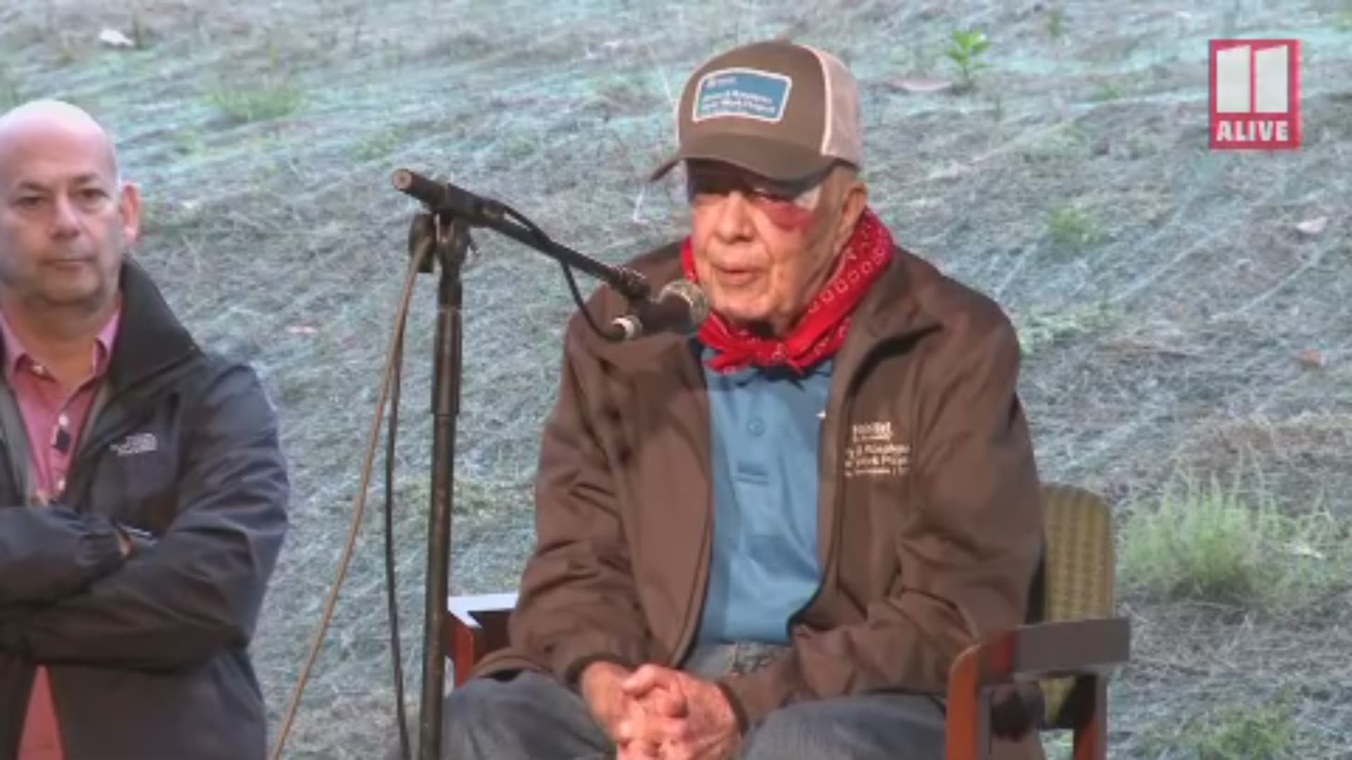 The former president suffered a black eye in a fall on Sunday, but wasn't letting it stop him the next day at a building event in where he led hundreds of volunteers