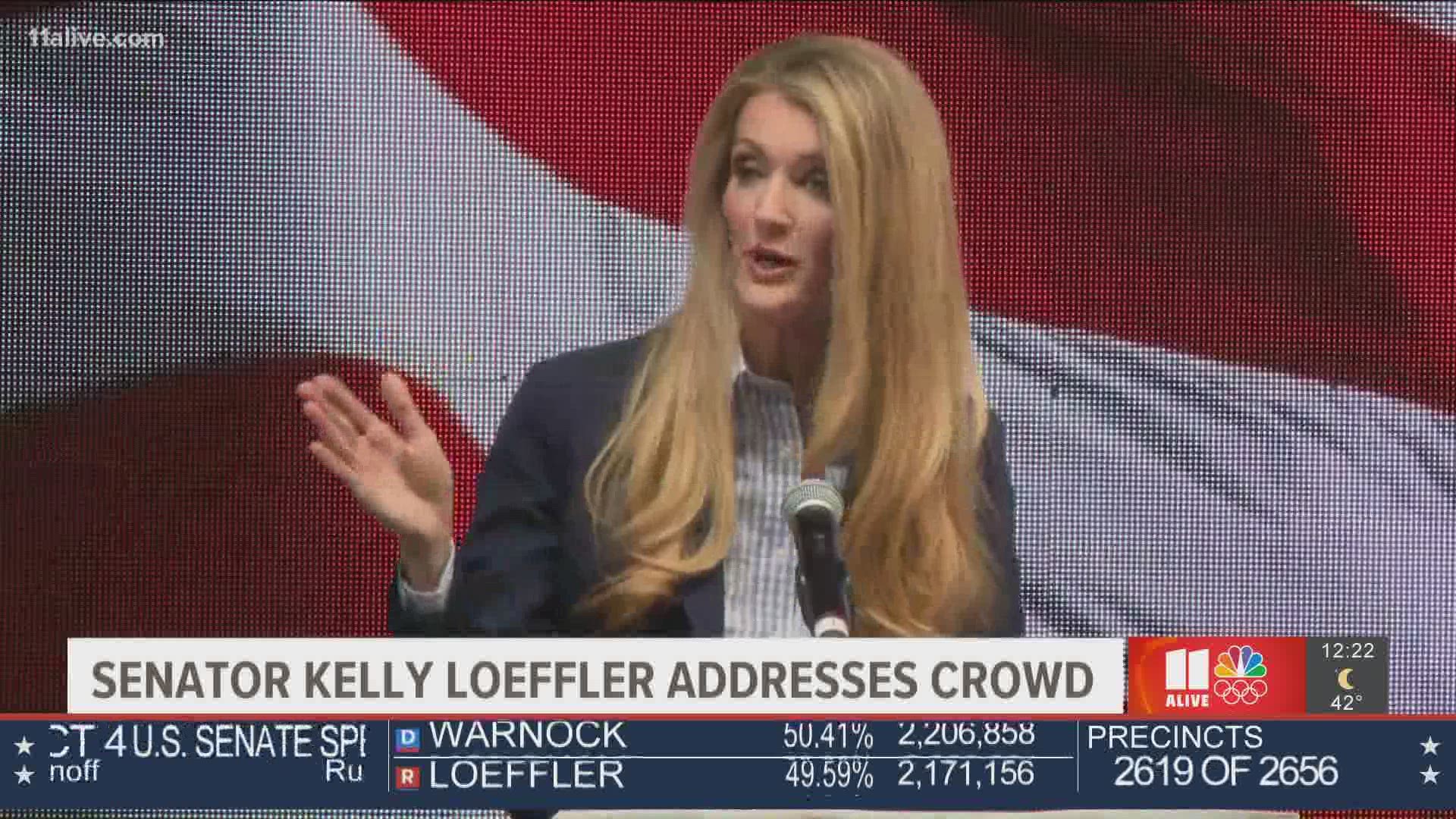 Incumbent Senator Kelly Leoffler spoke to a crowd gathered in Atlanta on Election Night as she trails her opponent in the Senate race.