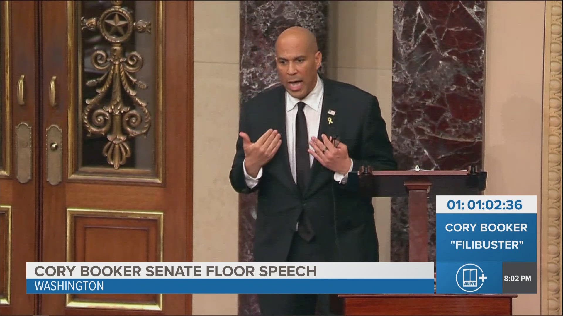 New Jersey Democratic Sen. Cory Booker held the Senate floor with a marathon speech that lasted all night and into Tuesday evening.